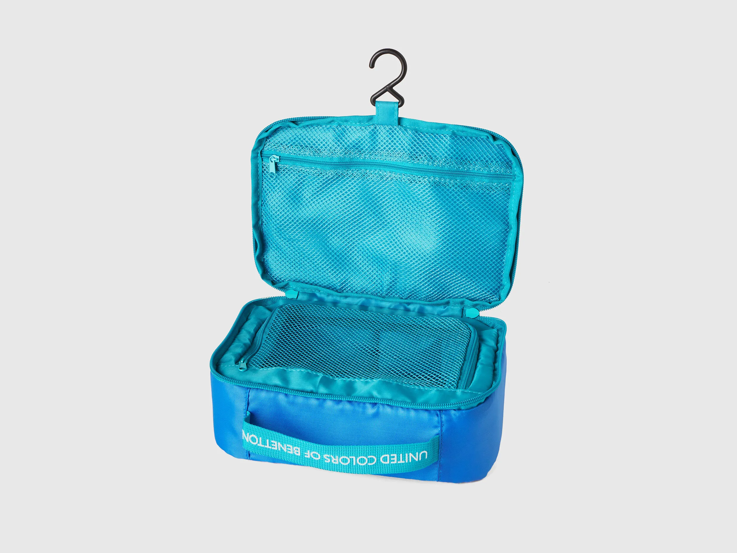 Blue travel toiletry bag with hook