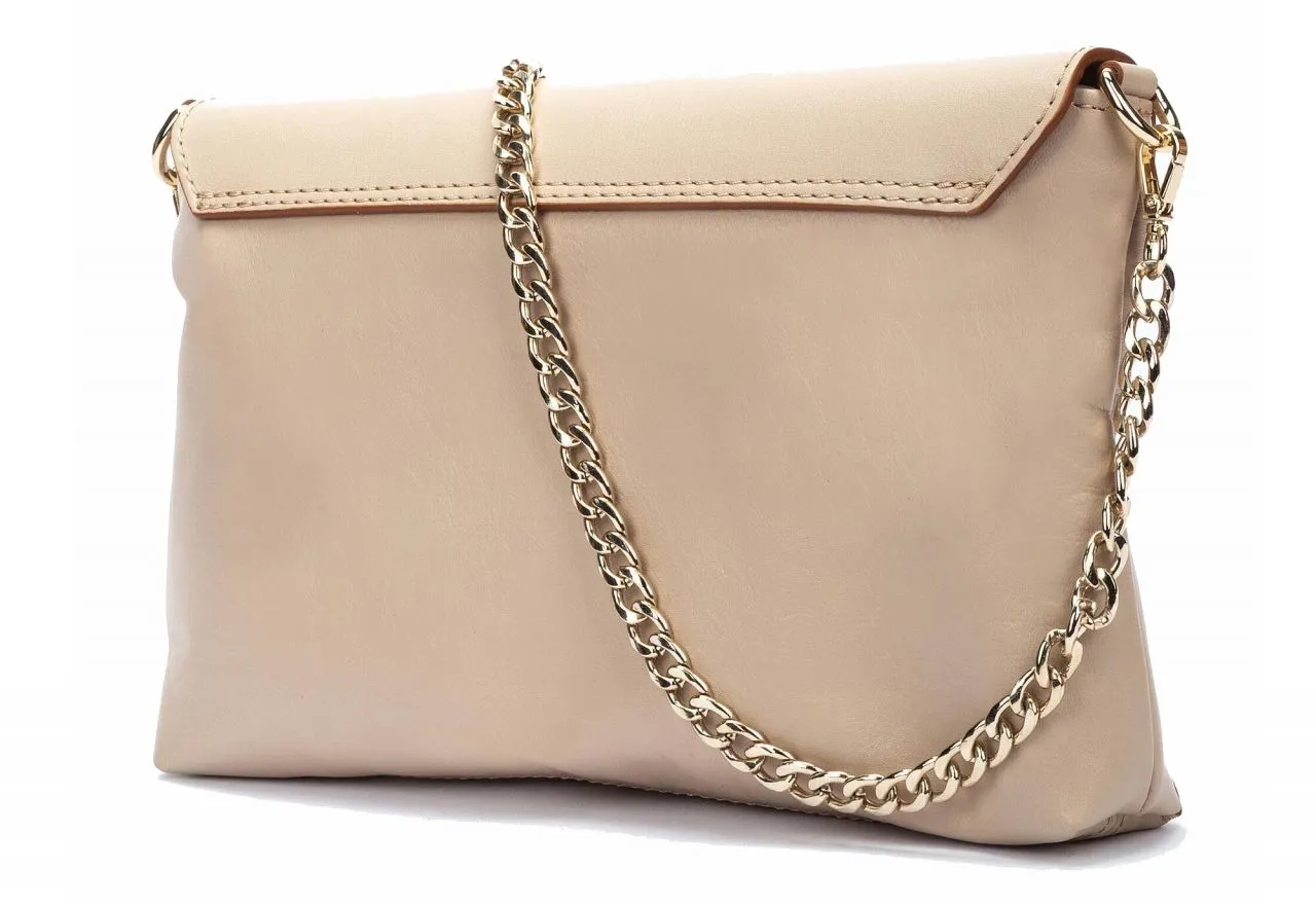 Bolso Piel Beige Tostado Tapa Cadena Eslabones Oro