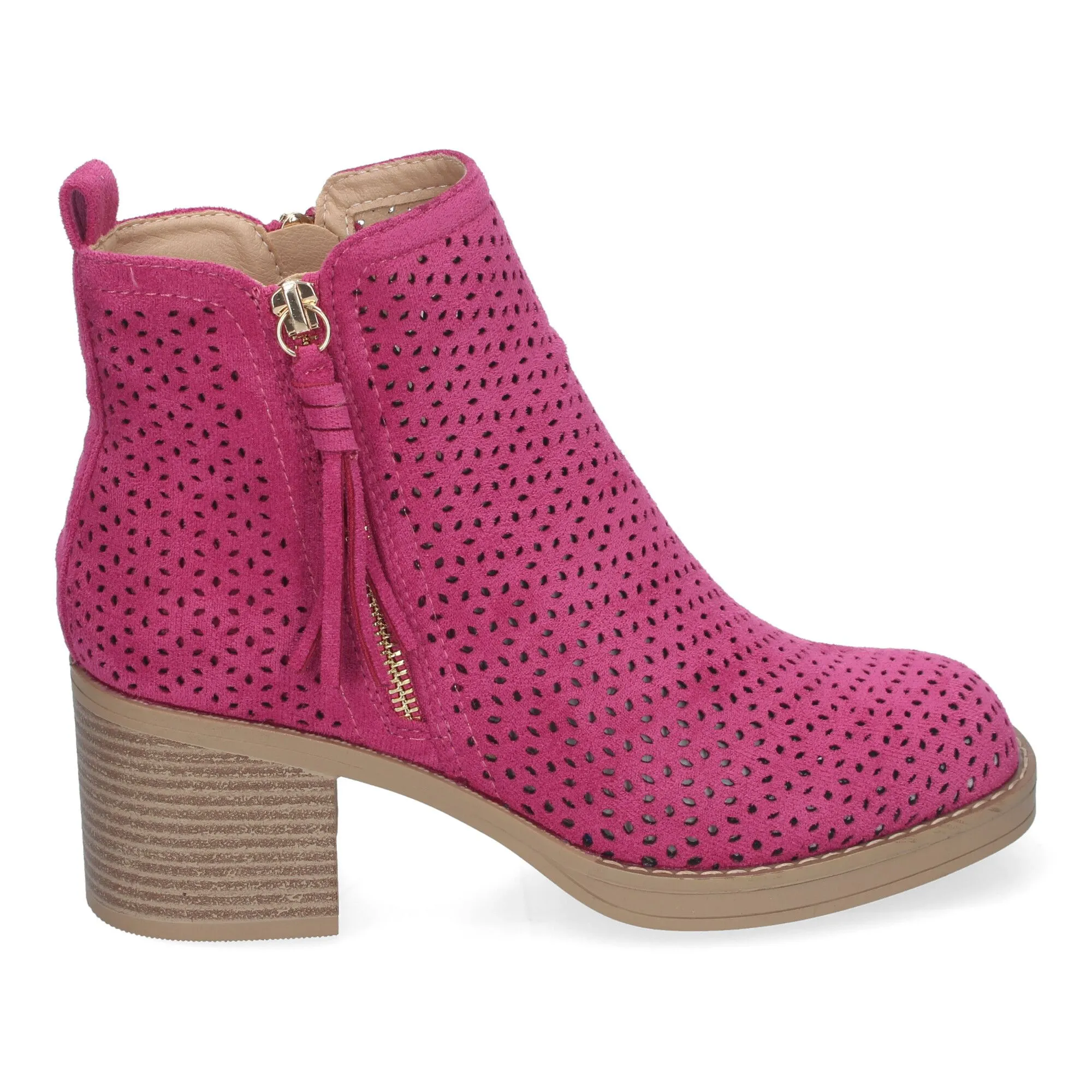 Botines de tacón bajo calados color fucsia para mujer VR002