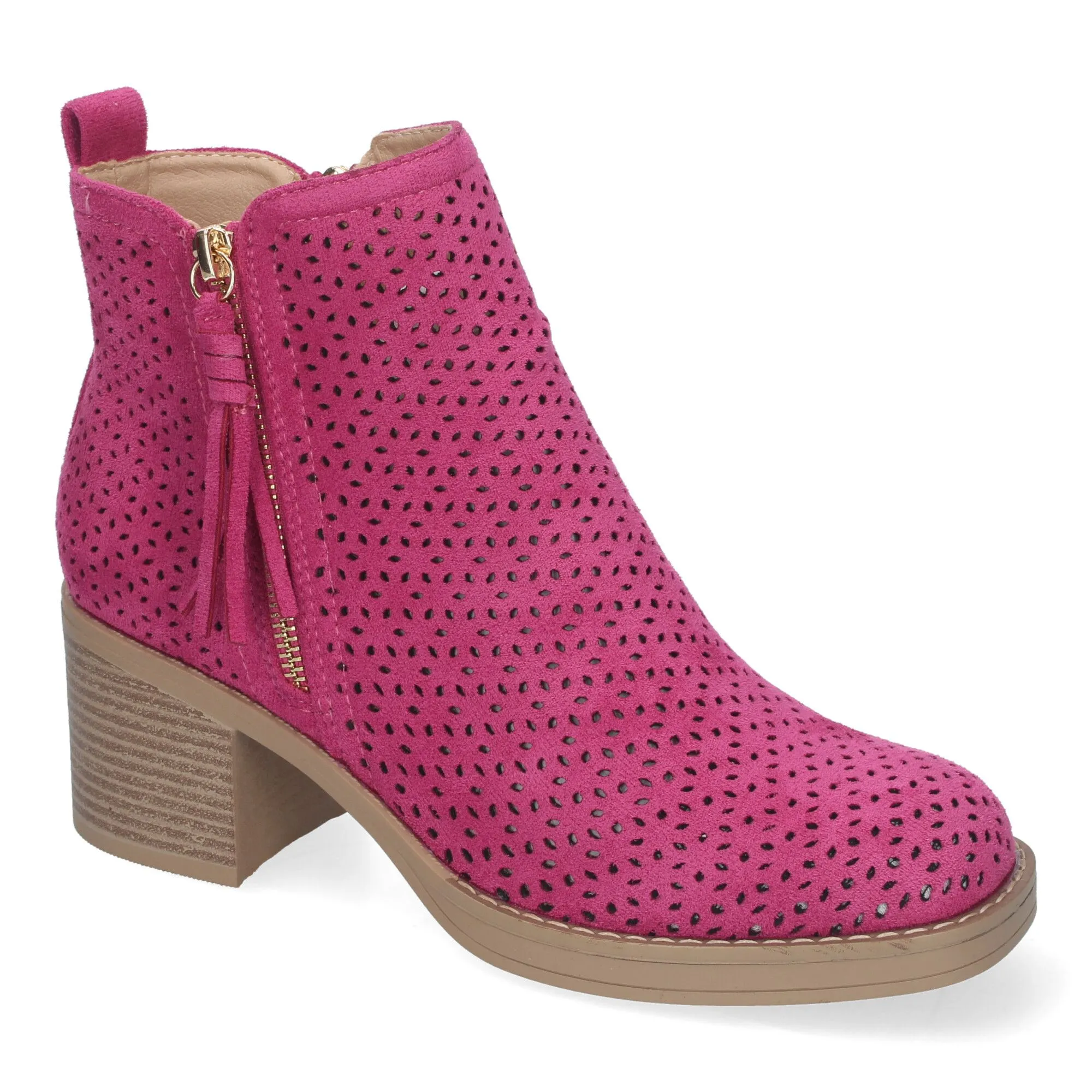 Botines de tacón bajo calados color fucsia para mujer VR002