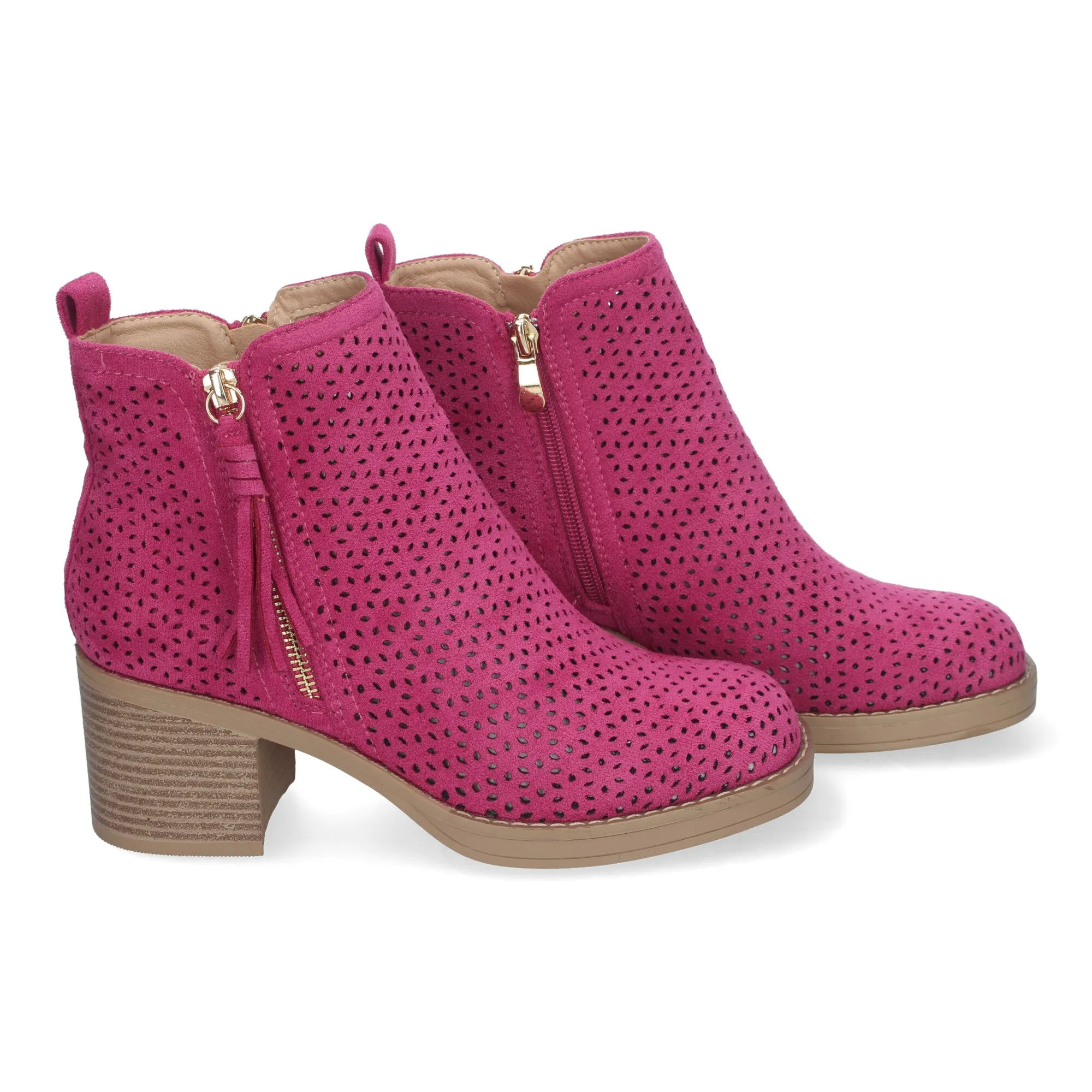 Botines de tacón bajo calados color fucsia para mujer VR002