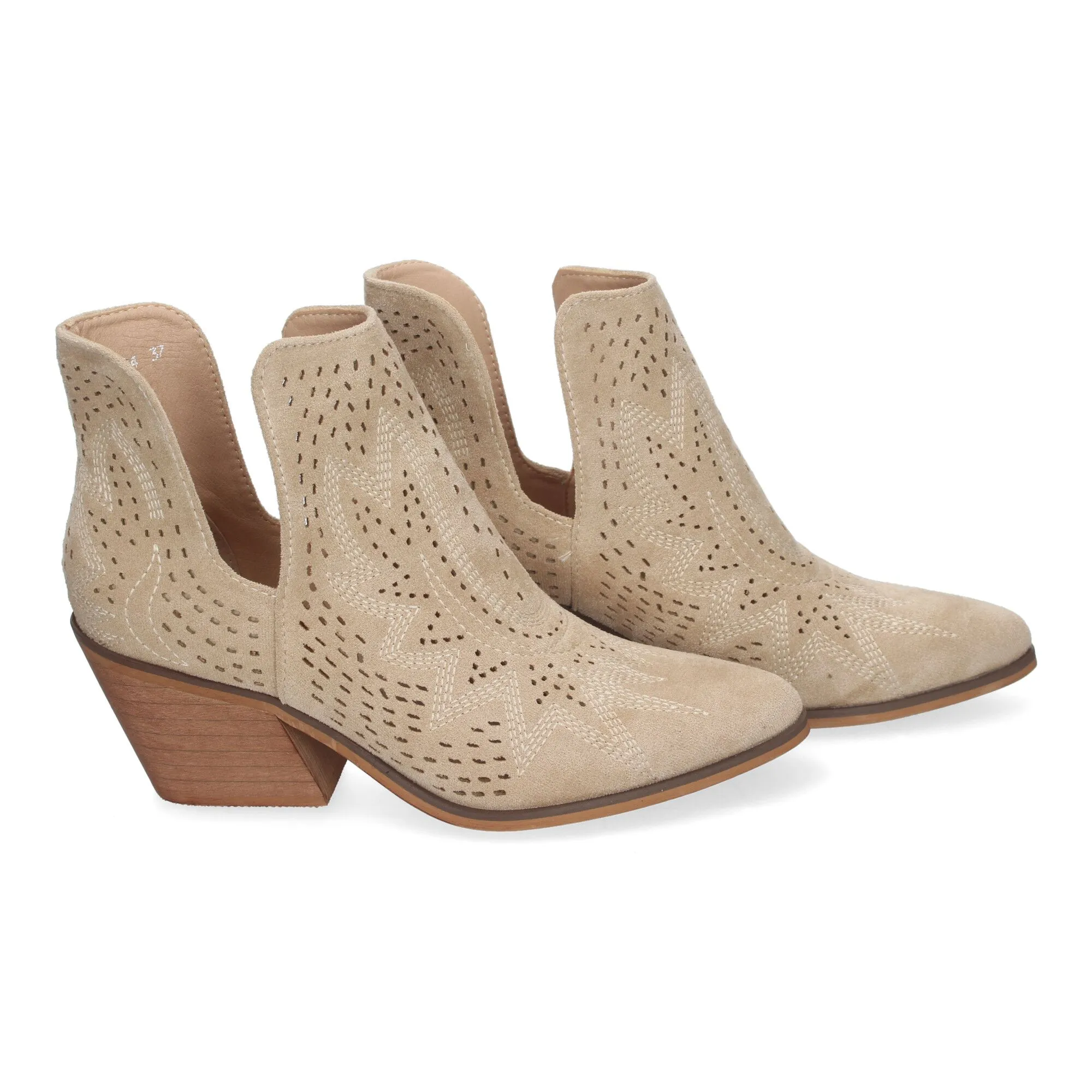 Botines de tacón bajo calados cómodos color beige para mujer VR004