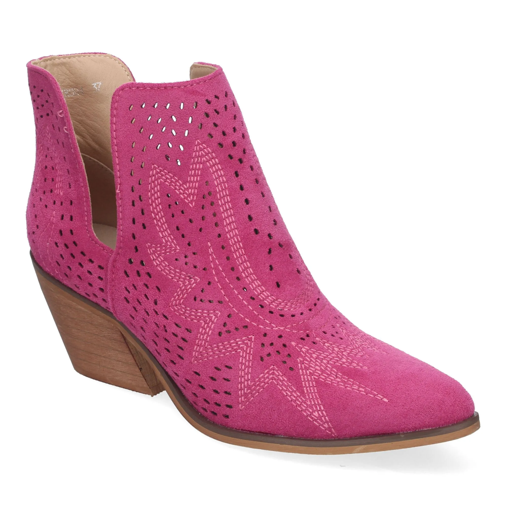 Botines de tacón bajo calados cómodos color fucsia para mujer VR004