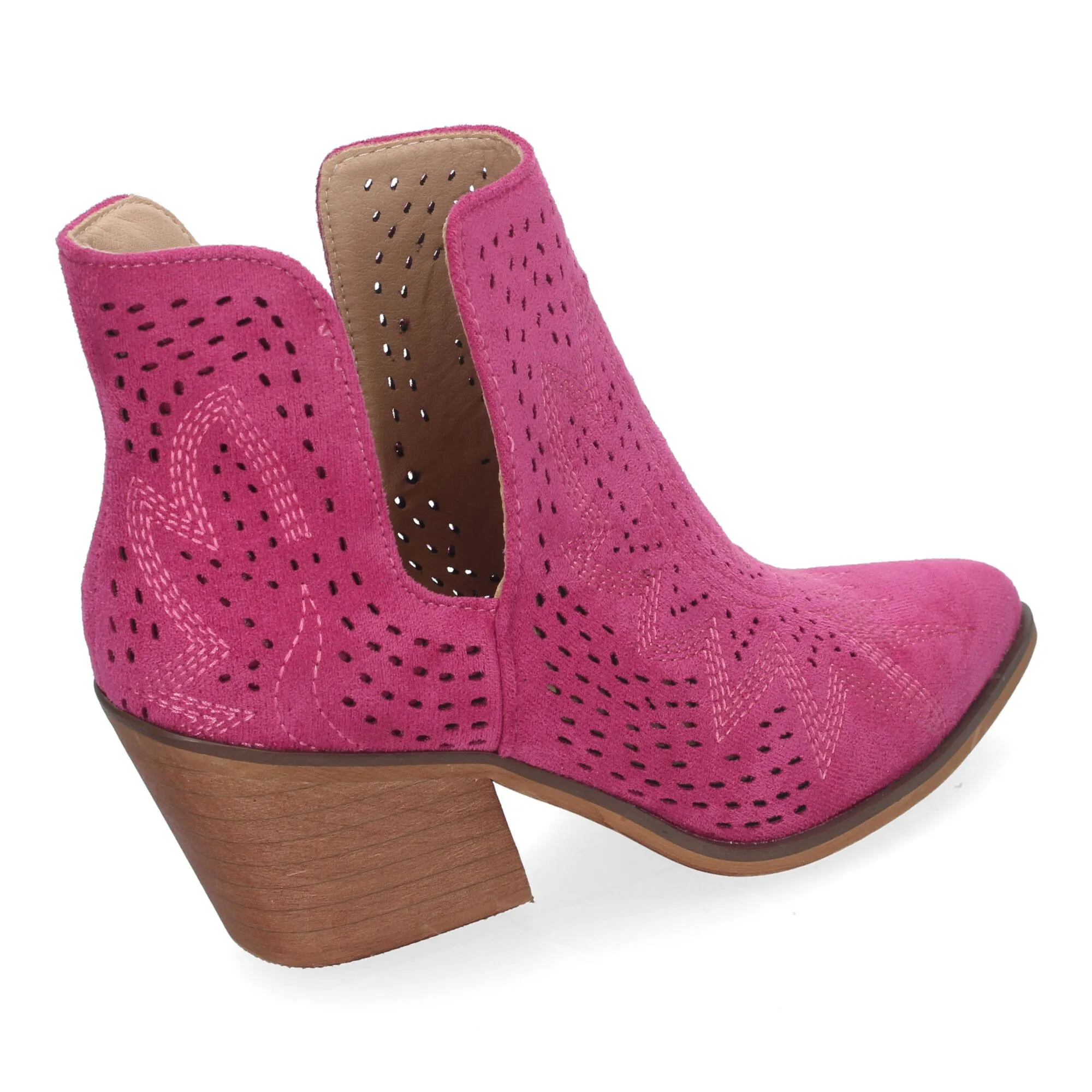 Botines de tacón bajo calados cómodos color fucsia para mujer VR004