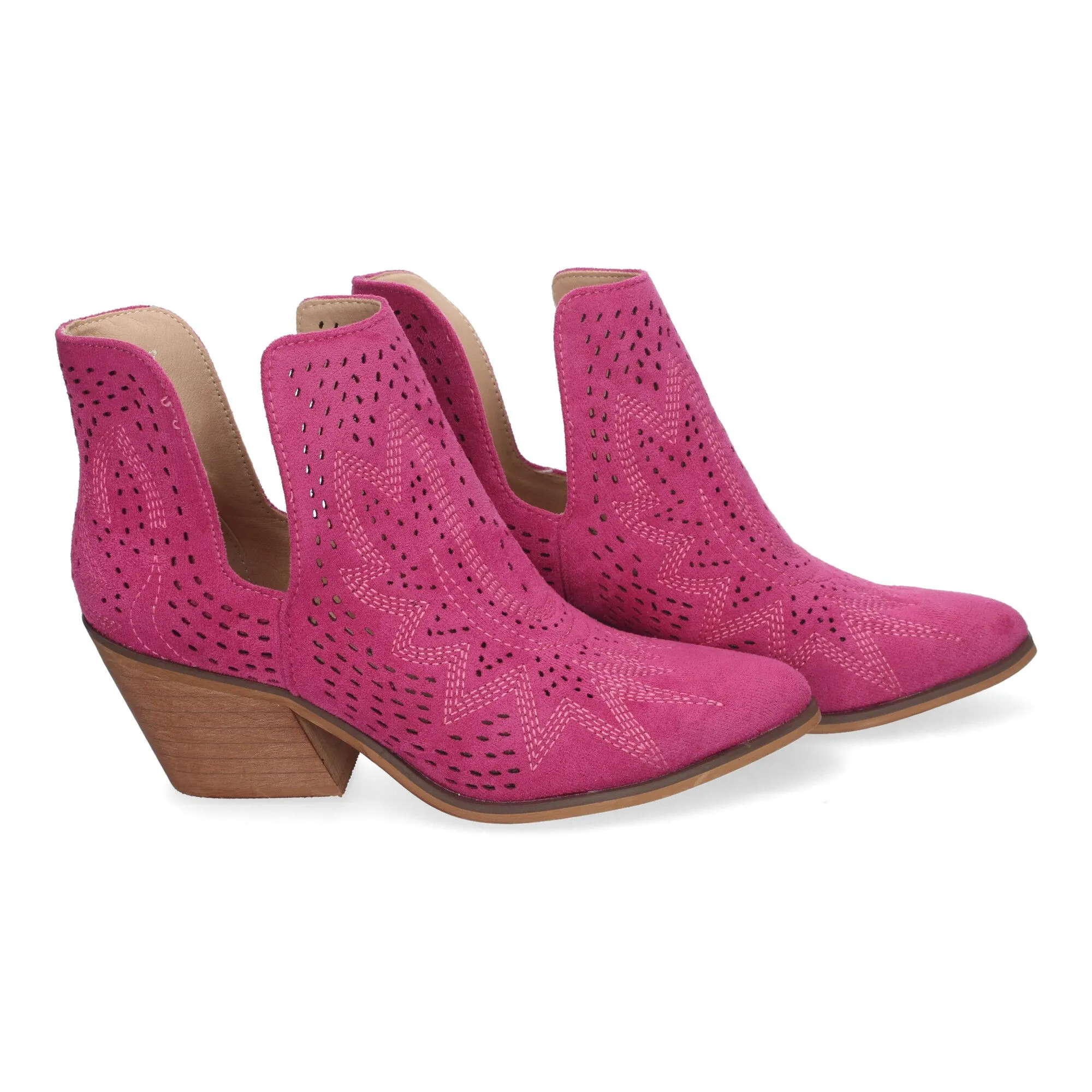 Botines de tacón bajo calados cómodos color fucsia para mujer VR004