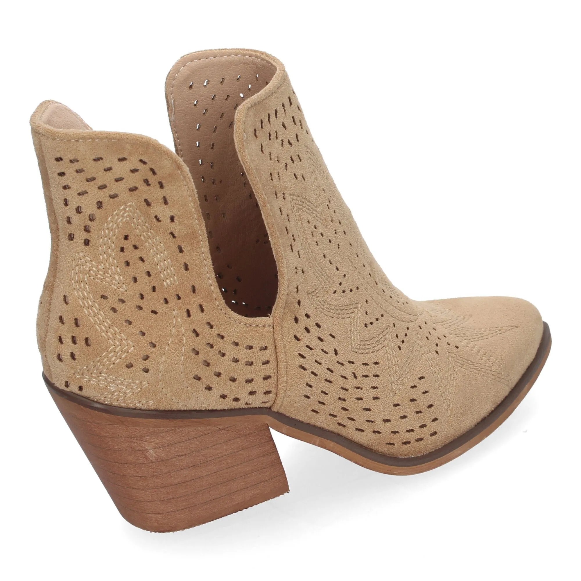 Botines de tacón bajo calados cómodos color taupe para mujer VR004