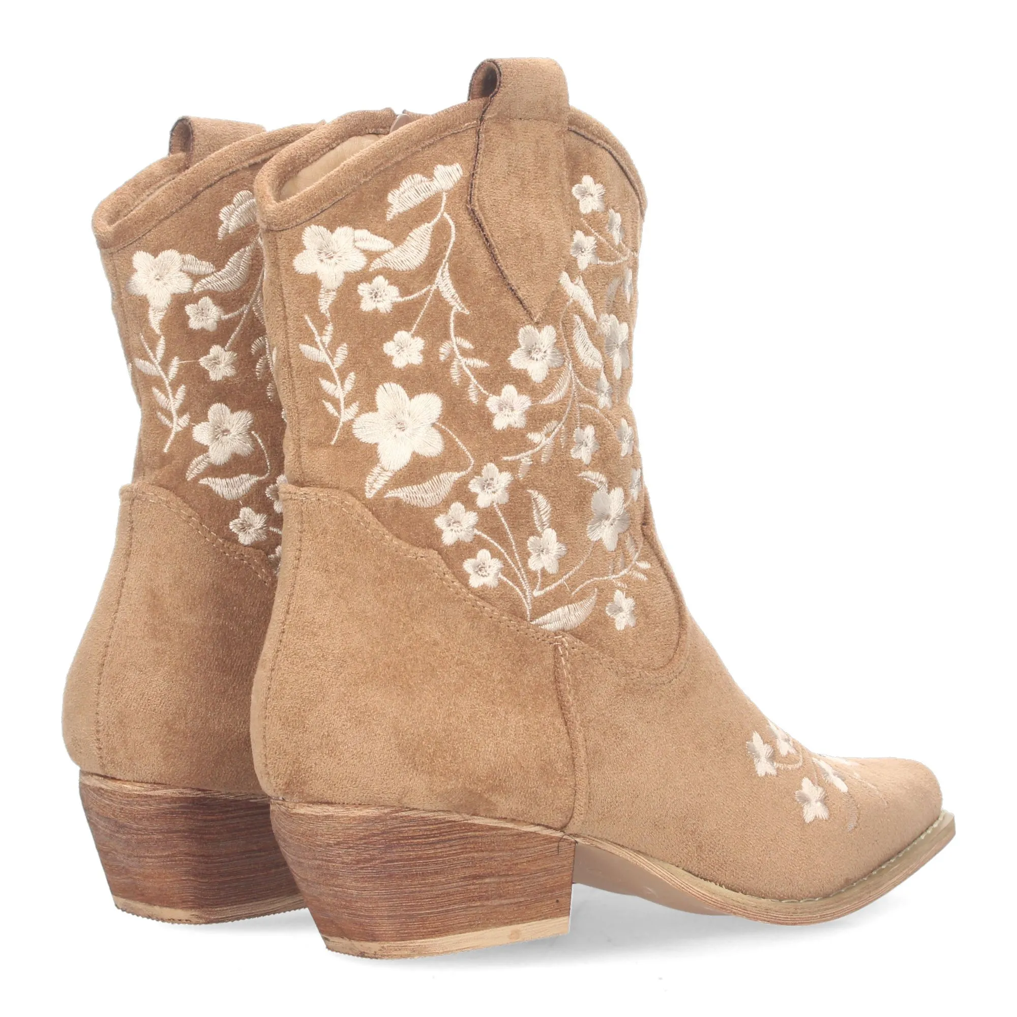 Botines tacón bajo cómodo bordado flores mujer camel A-3007