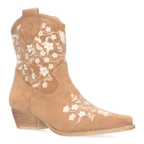 Botines tacón bajo cómodo bordado flores mujer camel A-3007