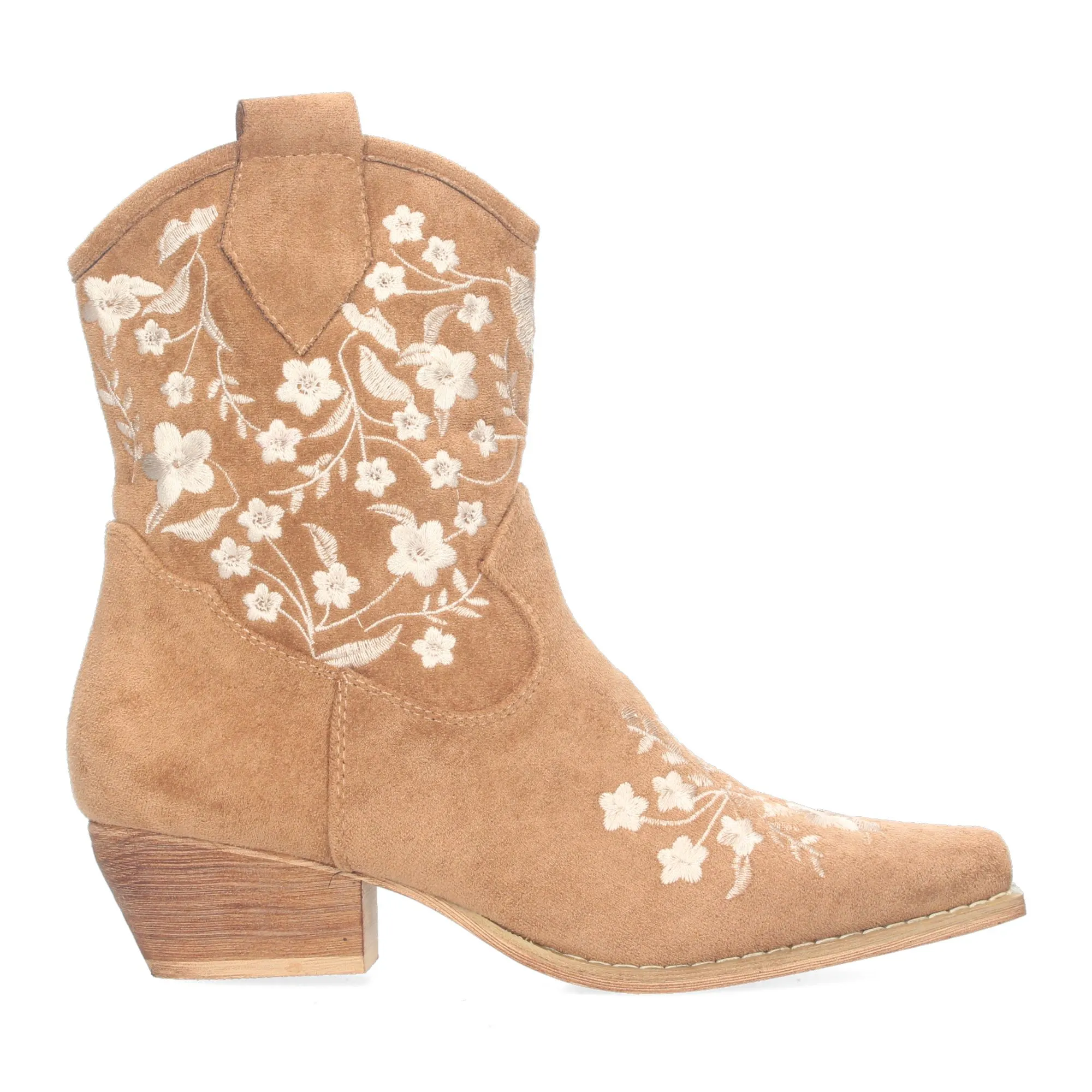 Botines tacón bajo cómodo bordado flores mujer camel A-3007