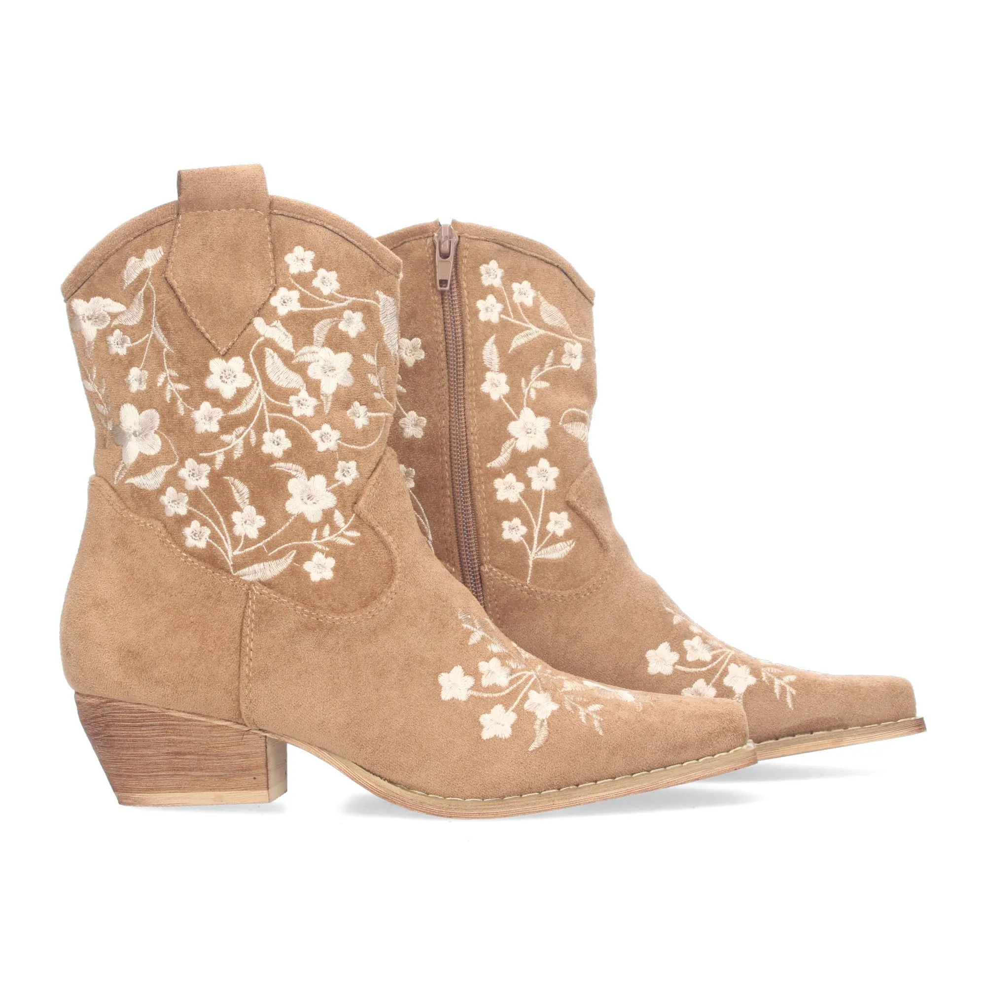 Botines tacón bajo cómodo bordado flores mujer camel A-3007