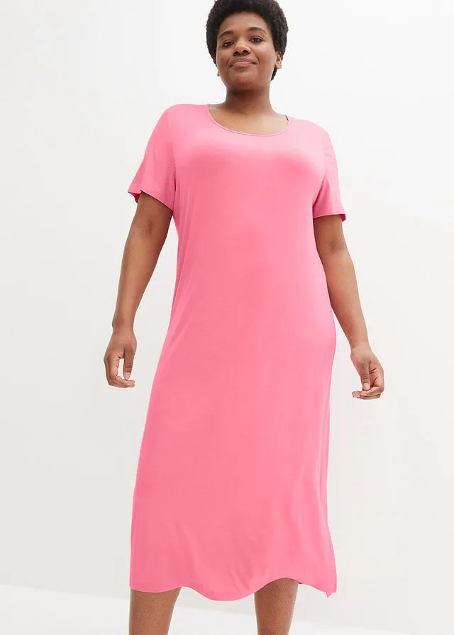 Cómodo vestido con abertura, largo maxi Rosa brillante