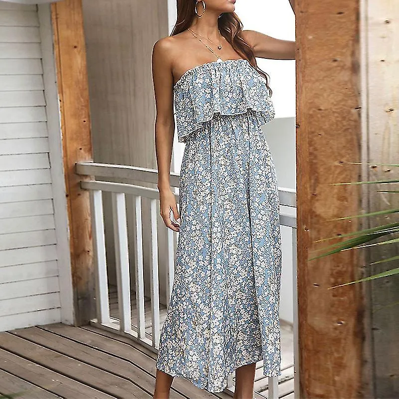 Ladies Hawaiian Elastic Long Dress Women Party Bohemian Floral Print