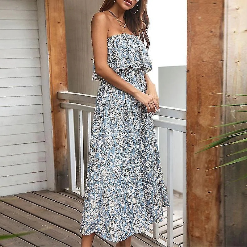 Ladies Hawaiian Elastic Long Dress Women Party Bohemian Floral Print