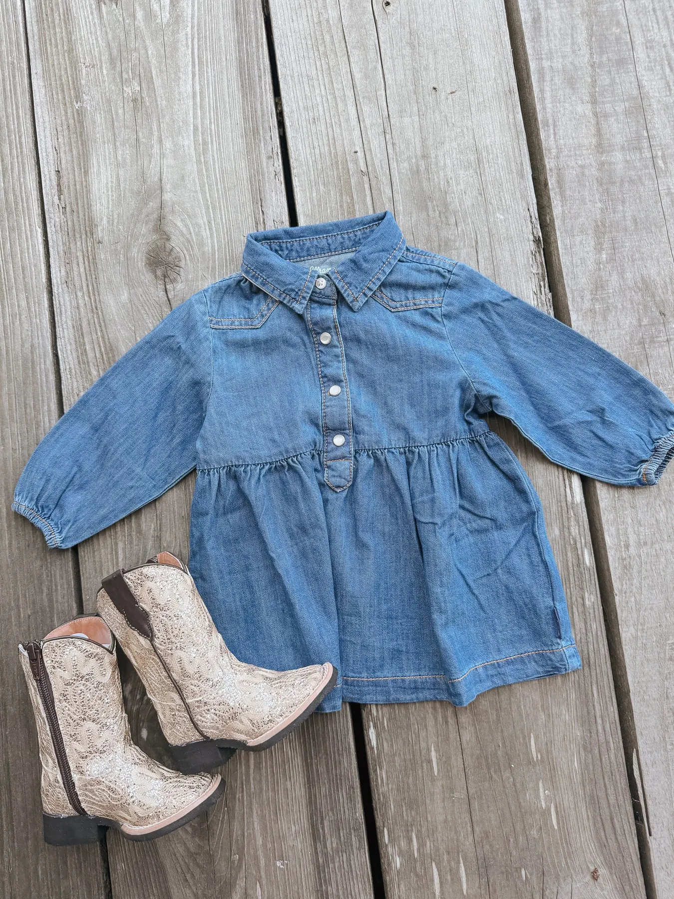 Little Girl's Wrangler Denim Ruffle Yoke Dress in Blue Denim-