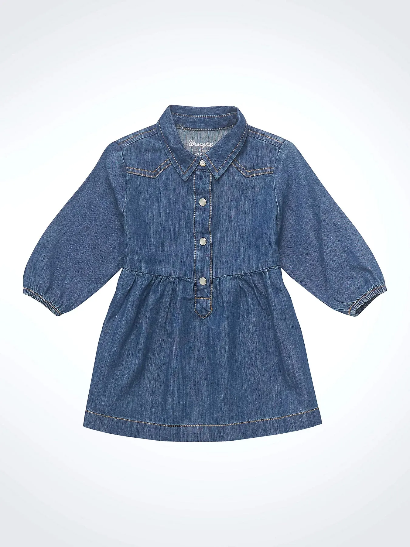 Little Girl's Wrangler Denim Ruffle Yoke Dress in Blue Denim-