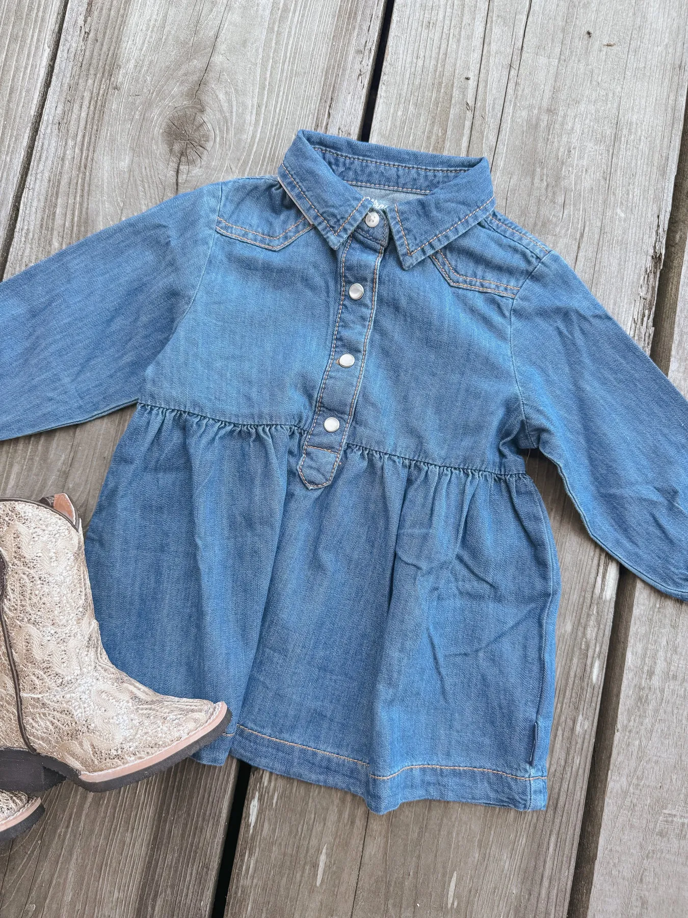 Little Girl's Wrangler Denim Ruffle Yoke Dress in Blue Denim-