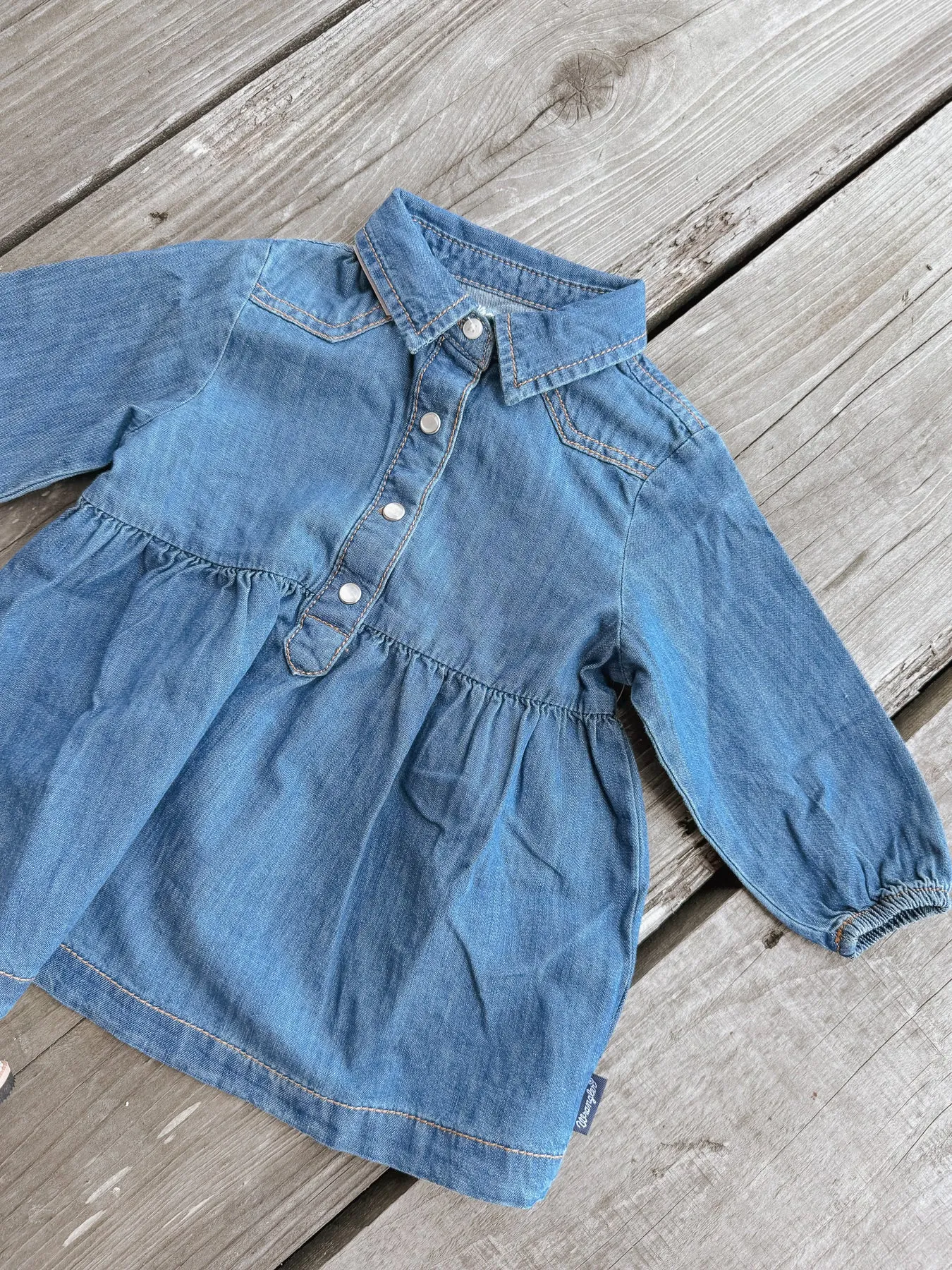 Little Girl's Wrangler Denim Ruffle Yoke Dress in Blue Denim-