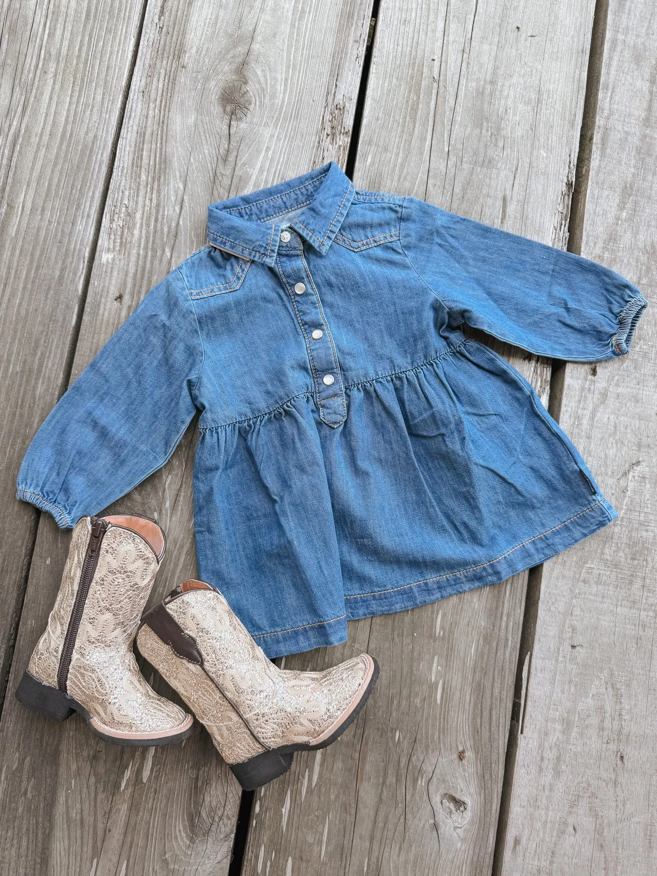 Little Girl's Wrangler Denim Ruffle Yoke Dress in Blue Denim-