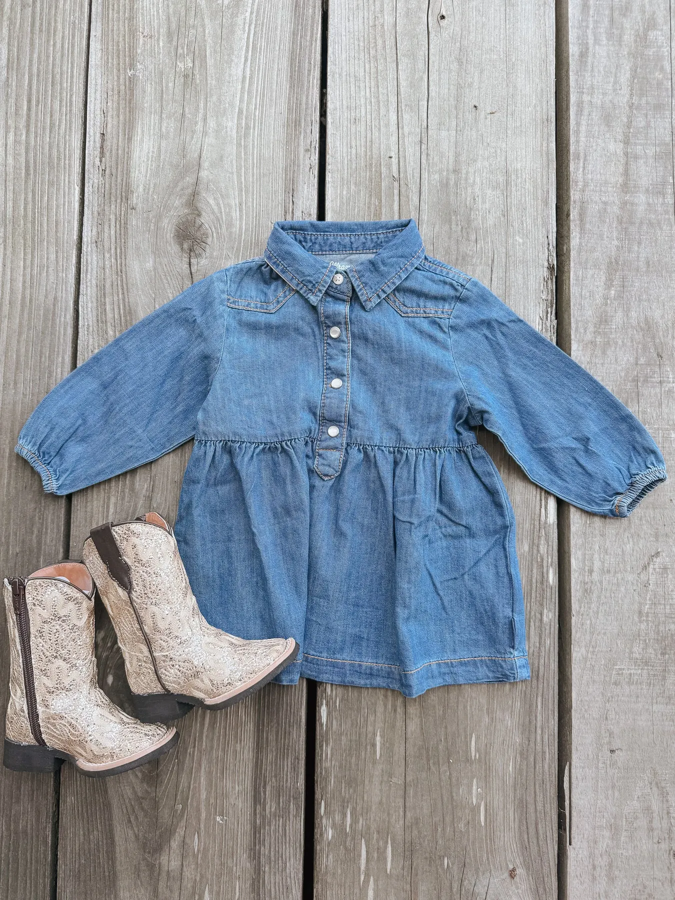 Little Girl's Wrangler Denim Ruffle Yoke Dress in Blue Denim-