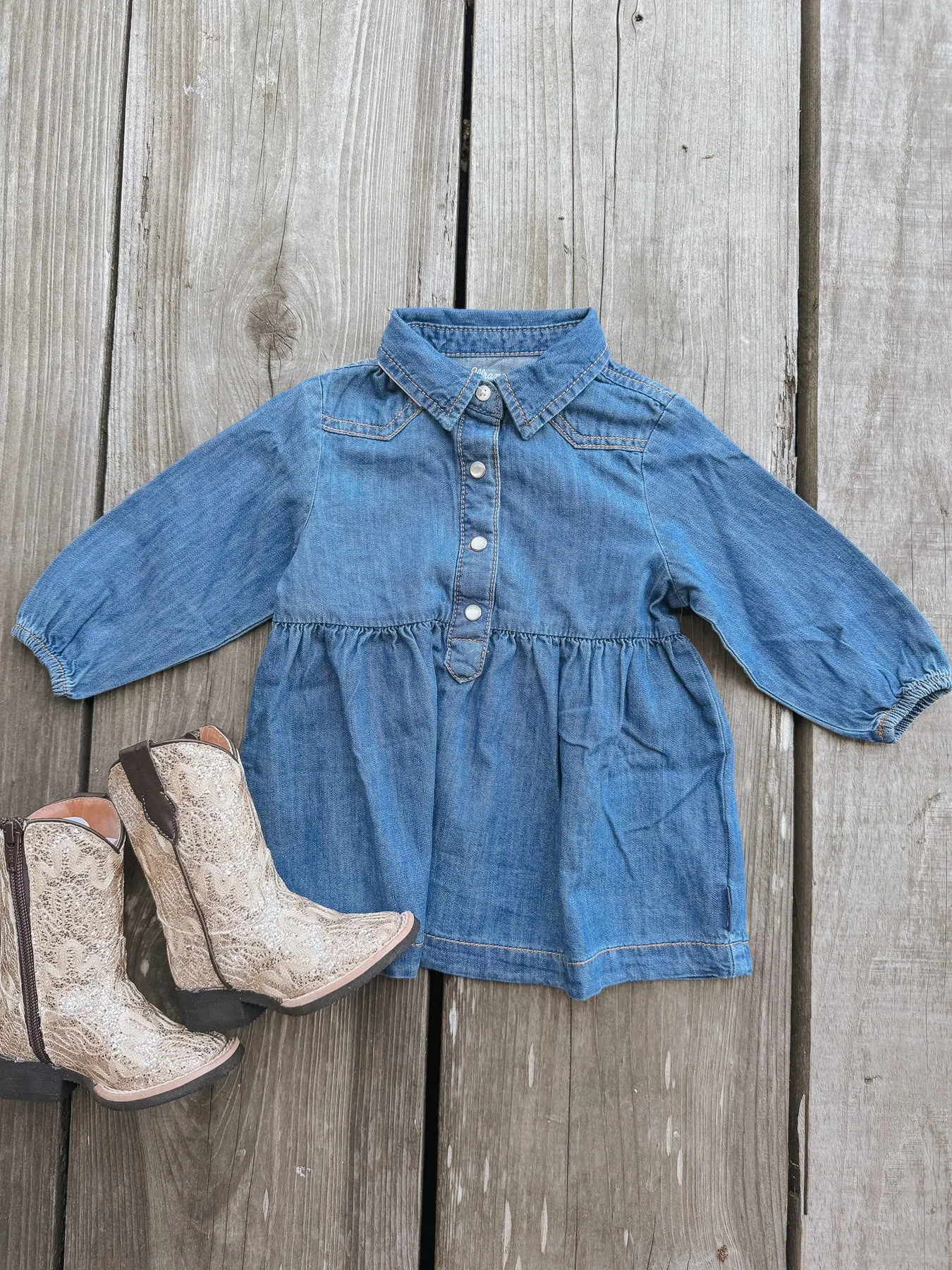 Little Girl's Wrangler Denim Ruffle Yoke Dress in Blue Denim-