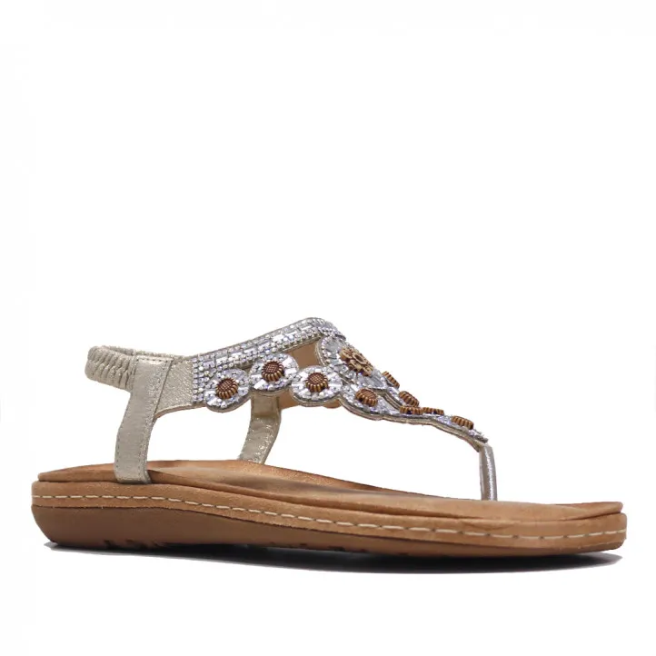 Sandalias planas Stay color crema con brillantes cogidas al tobillo