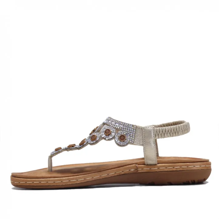 Sandalias planas Stay color crema con brillantes cogidas al tobillo