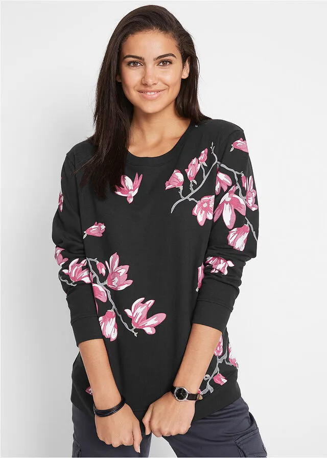 Sudadera con estampado de flores de corte holgado Negro con flores