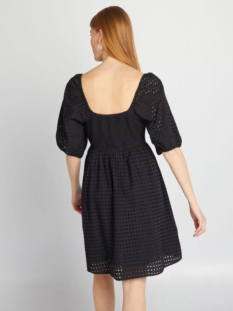 Vestido abombado con bordado calado - negro