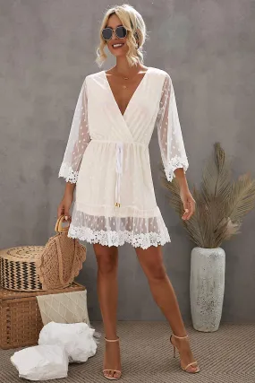 Women's White Wrap V Neck Elastic Waist Polka Dot Mesh Lace Splicing Dress