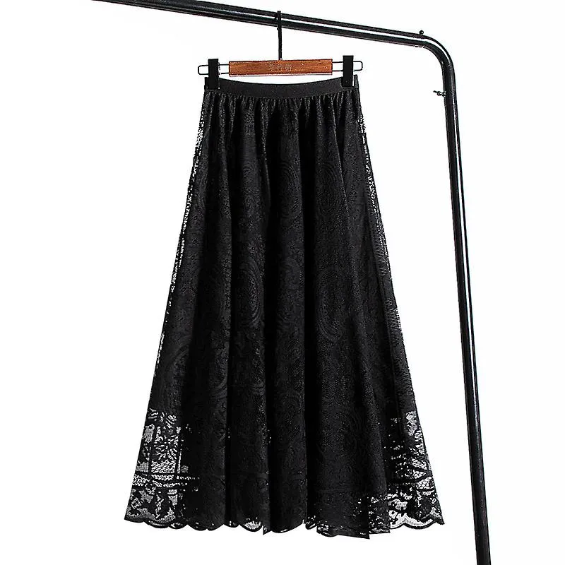 Womens Elegant Floral Lace Elastic High Waist Pleated Maxi Long Beach Skirts