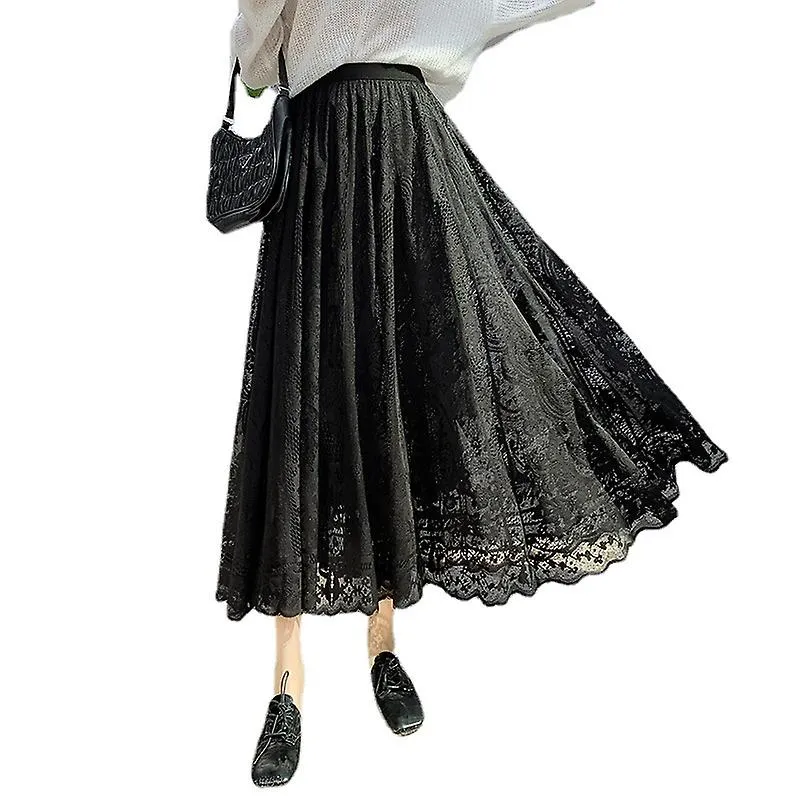 Womens Elegant Floral Lace Elastic High Waist Pleated Maxi Long Beach Skirts