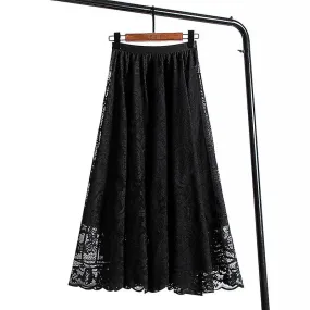 Womens Elegant Floral Lace Elastic High Waist Pleated Maxi Long Beach Skirts