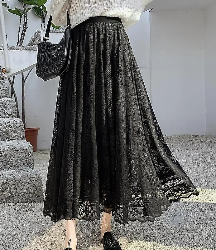 Womens Elegant Floral Lace Elastic High Waist Pleated Maxi Long Beach Skirts