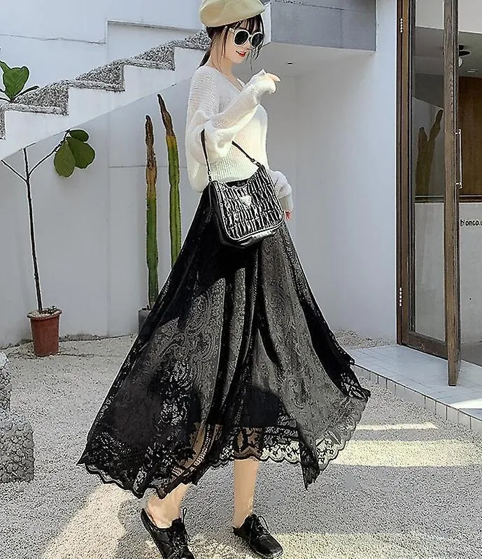 Womens Elegant Floral Lace Elastic High Waist Pleated Maxi Long Beach Skirts