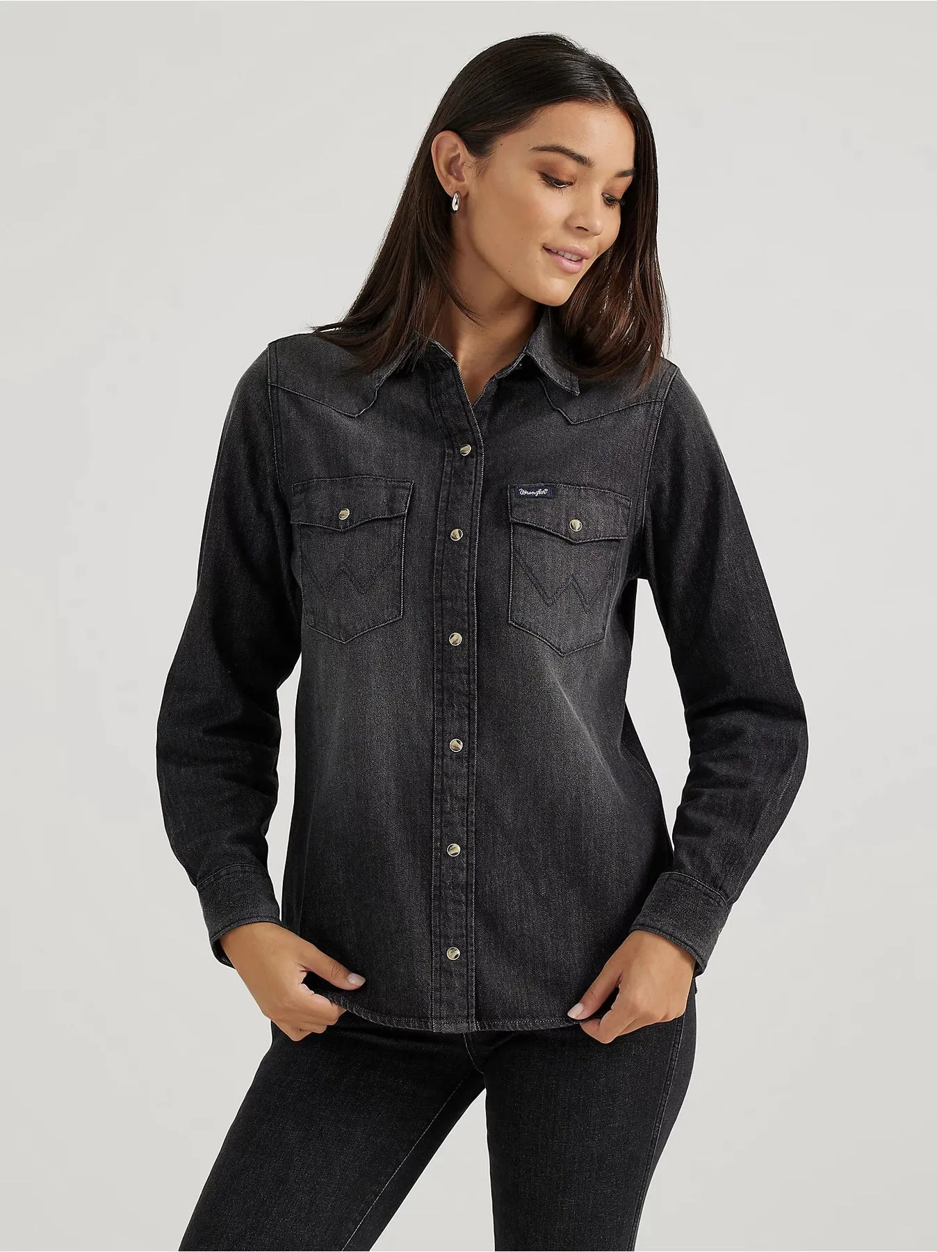 Women's Wrangler Black Denim Cowboy Snap Shirt-