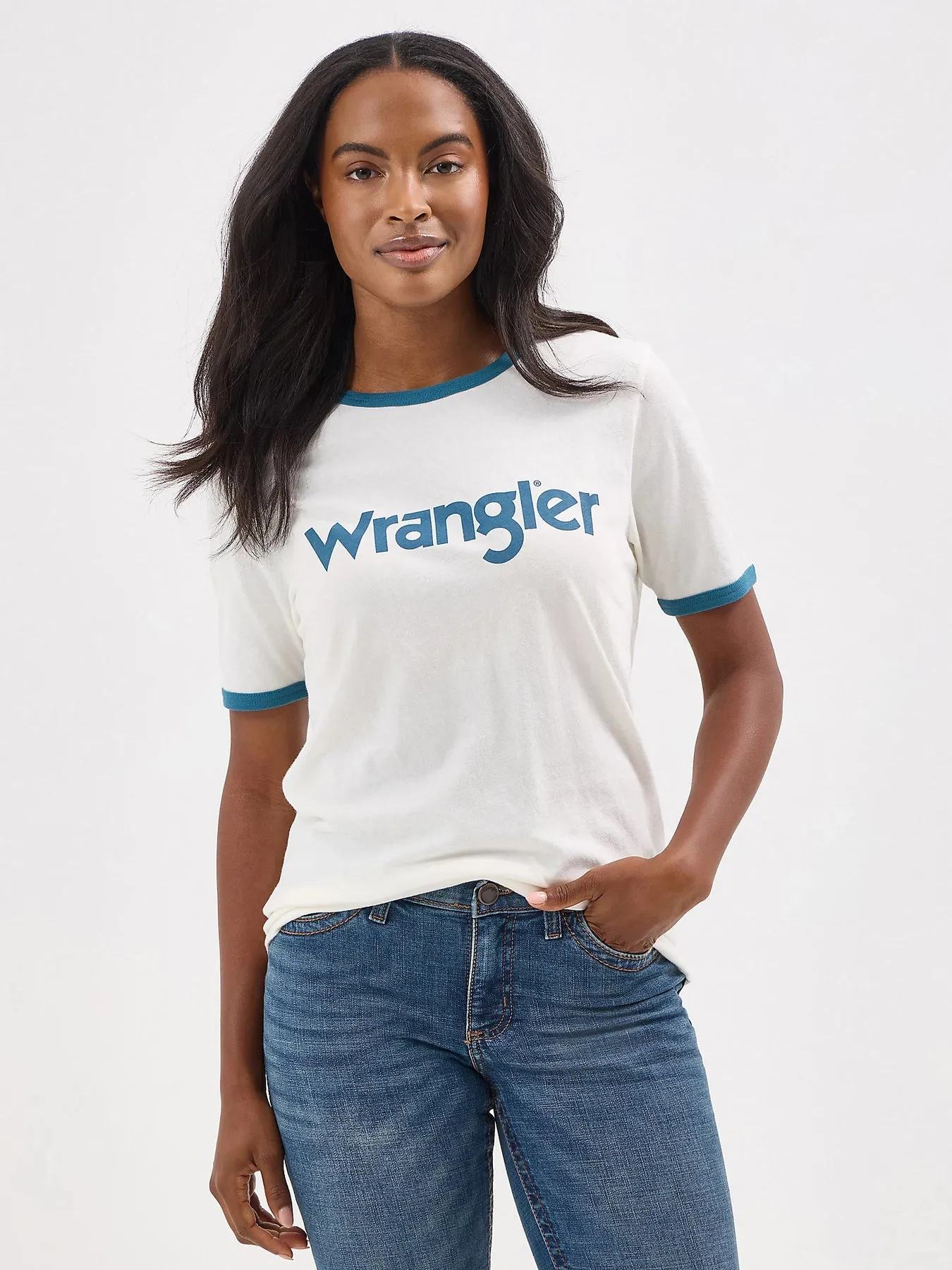 WOMEN'S WRANGLER LOGO RINGER TEE IN MALLOW-