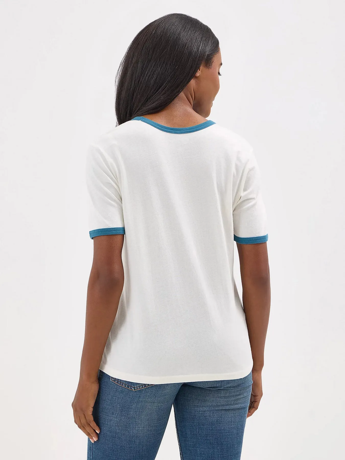 WOMEN'S WRANGLER LOGO RINGER TEE IN MALLOW-