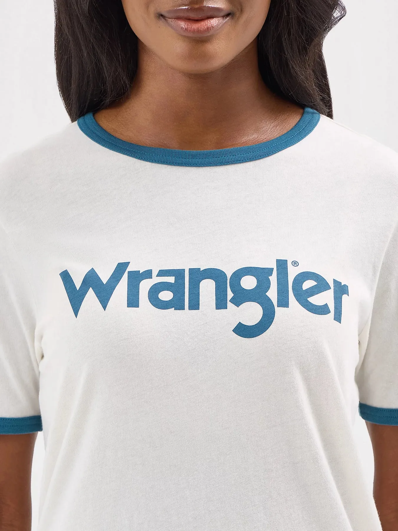 WOMEN'S WRANGLER LOGO RINGER TEE IN MALLOW-