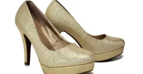 Zapatos de mujer - Zapatos de salón dorados con purpurina y tacones altos